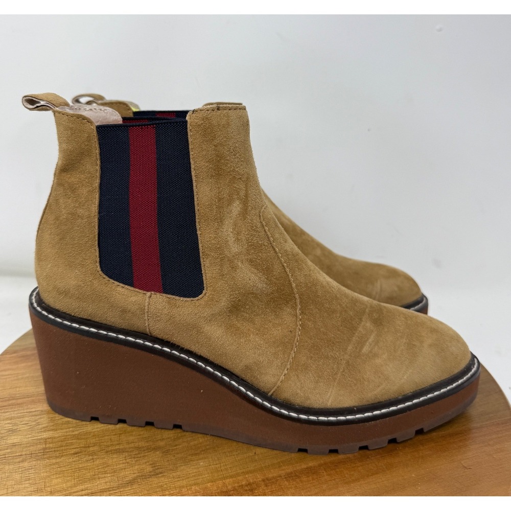 Cecelia New York Tan Suede Wedge Chelsea Boots Navy Red Striped Elastic Size 8